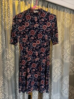 WallFlower XS Floral Swing Dress Navy Pink Mock Neck Short Sleeve